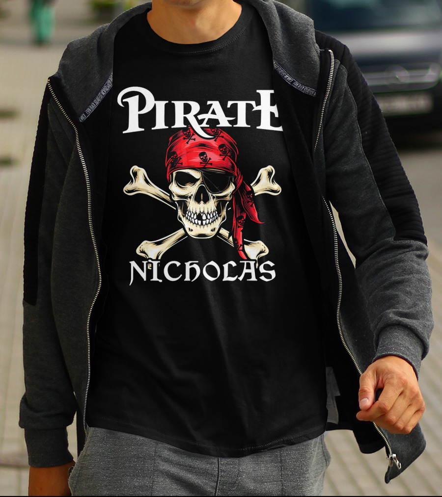 PIRATE NICHOLAS Skull And Crossbones Red Bandana T-Shirt
