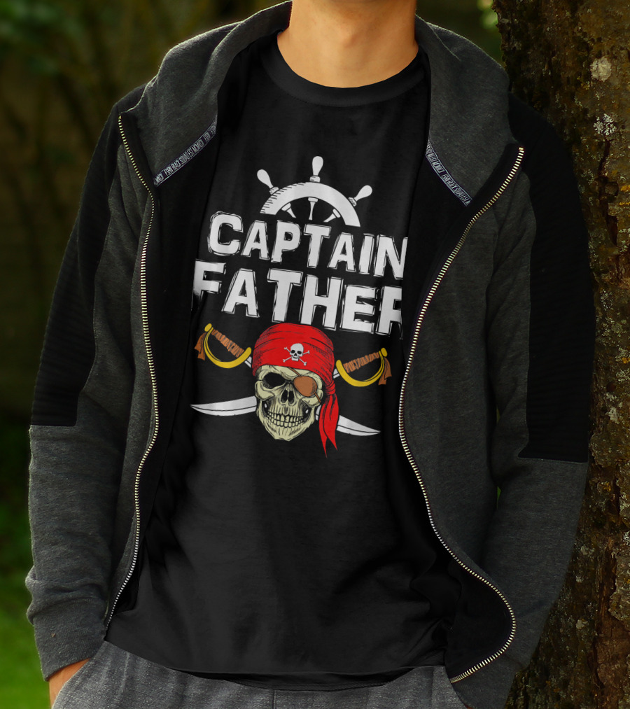 Captain Father Pirate Skull With Swords And Ship Wheel T-Shirt