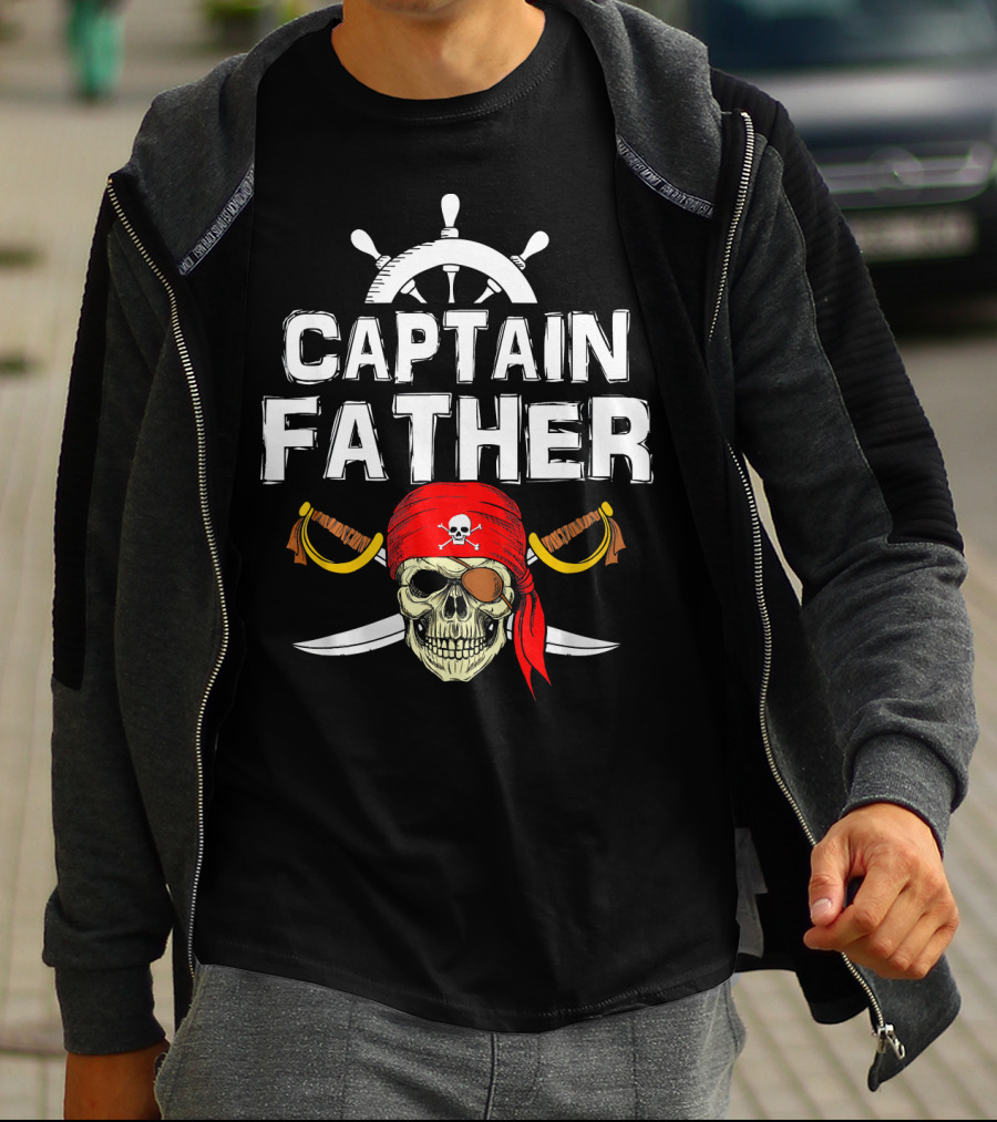 Captain Father Pirate Skull With Swords And Ship Wheel T-Shirt