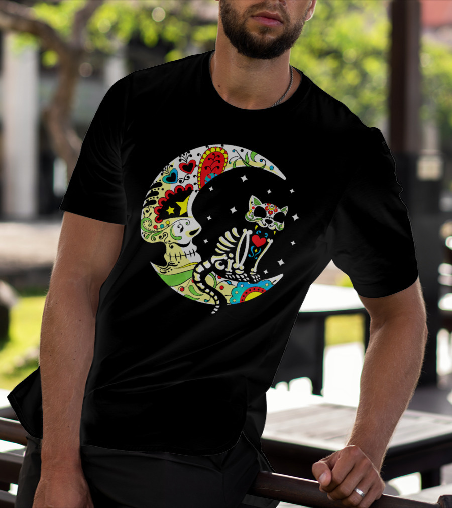 Dia De Los Muertos Halloween Sugar Skull Cat On Crescent Moon T-Shirt