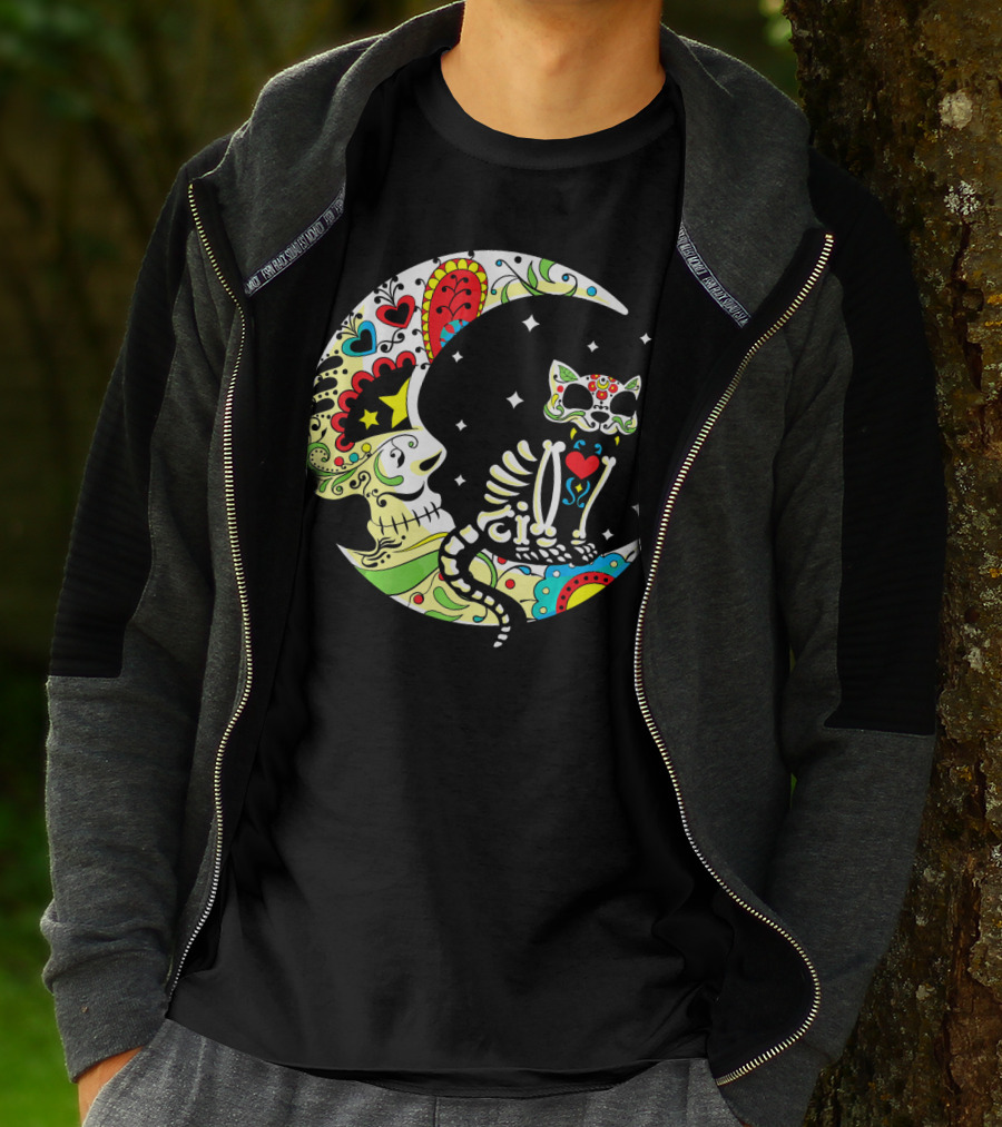 Dia De Los Muertos Halloween Sugar Skull Cat On Crescent Moon T-Shirt