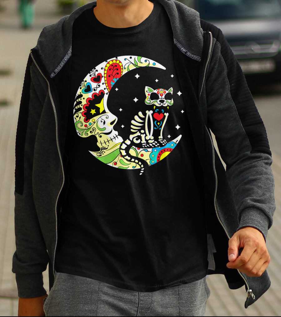 Dia De Los Muertos Halloween Sugar Skull Cat On Crescent Moon T-Shirt