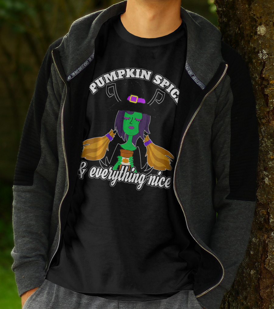 Pumpkin Spice And Everything Nice Witch Green Face Hat Brooms T-Shirt