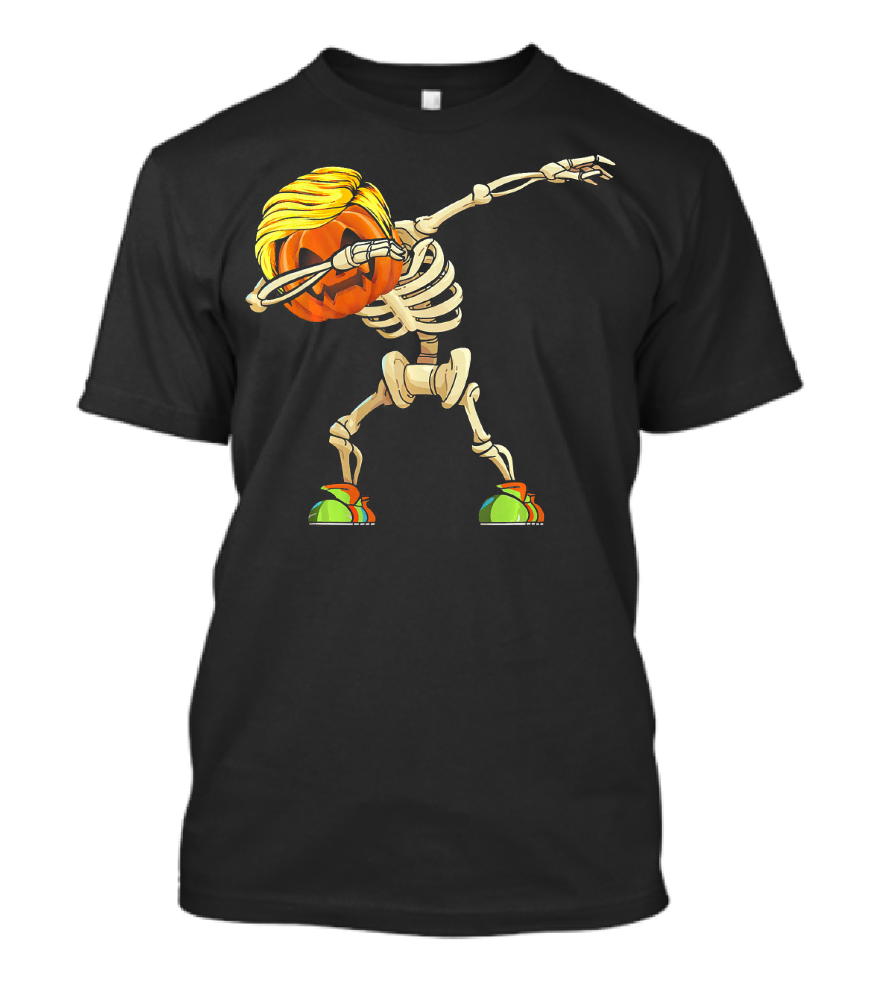 Funny Halloween Dabbing Skeleton Pumpkin With Golden Hair And Colorful Sneakers T-Shirt