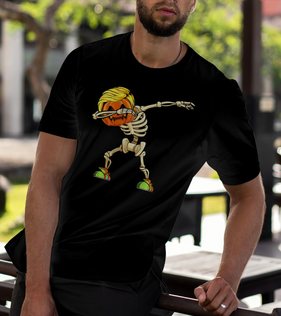Funny Halloween Dabbing Skeleton Pumpkin With Golden Hair And Colorful Sneakers T-Shirt
