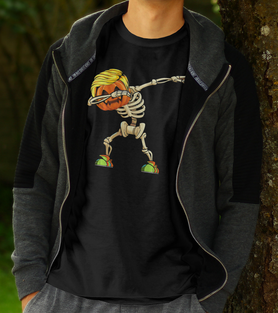 Funny Halloween Dabbing Skeleton Pumpkin With Golden Hair And Colorful Sneakers T-Shirt
