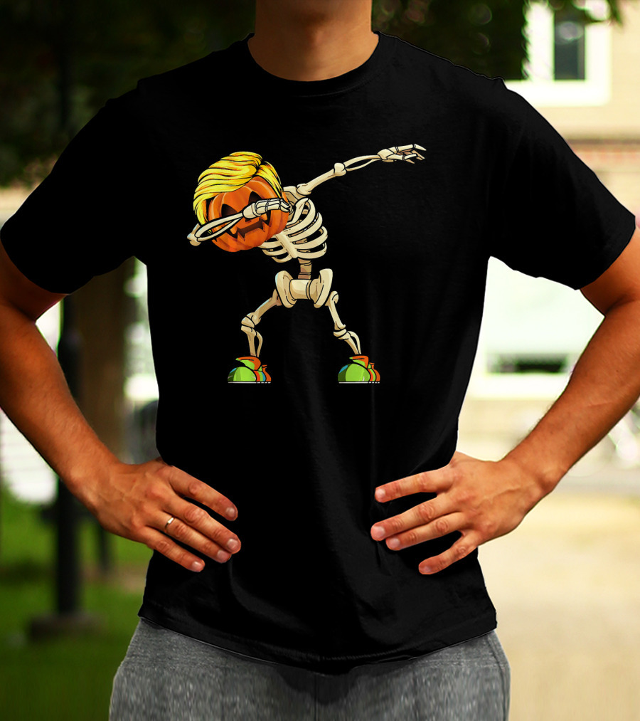 Funny Halloween Dabbing Skeleton Pumpkin With Golden Hair And Colorful Sneakers T-Shirt