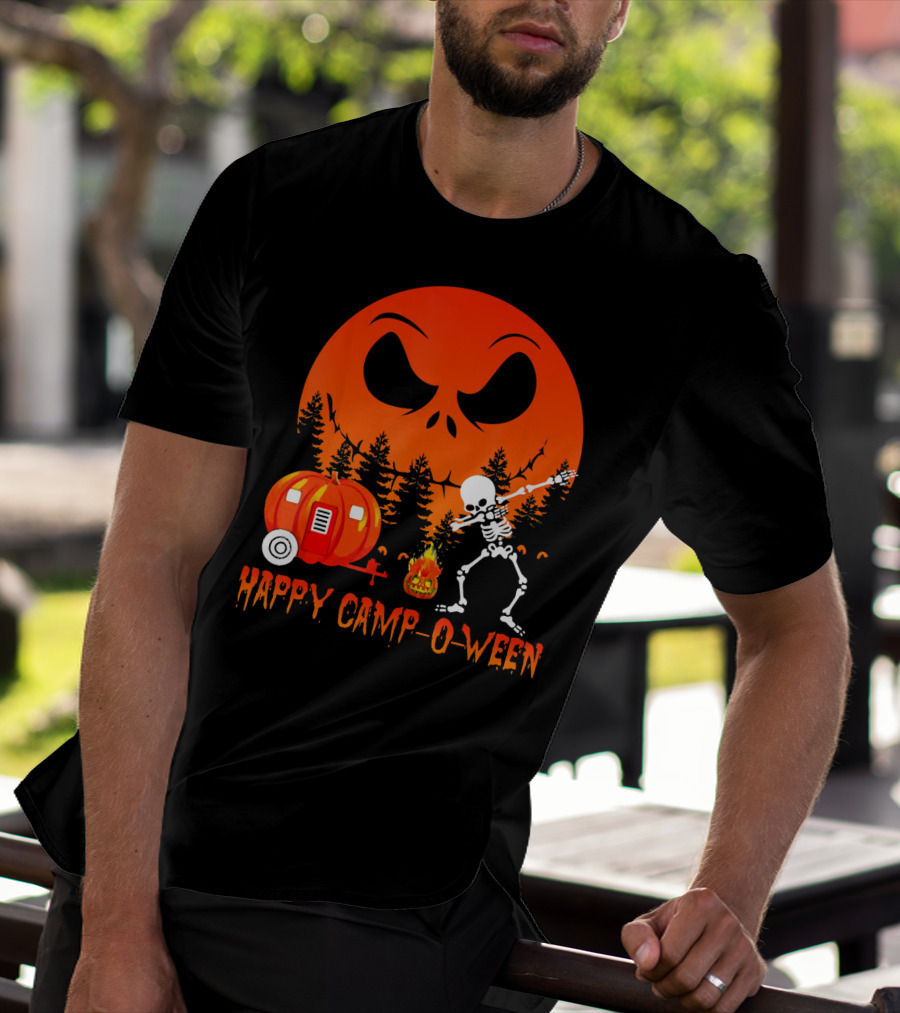 Happy Camp-O-Ween Skeleton Dab Pumpkin Camper Spooky Forest Scene T-Shirt