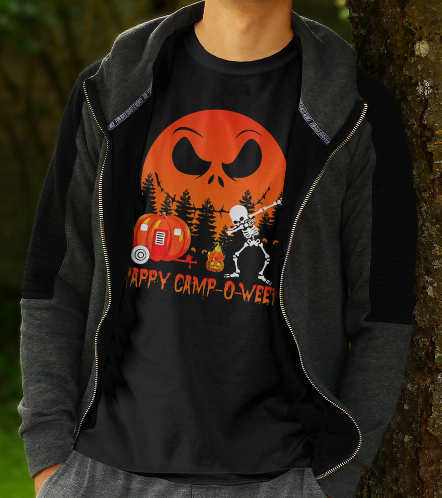 Happy Camp-O-Ween Skeleton Dab Pumpkin Camper Spooky Forest Scene T-Shirt