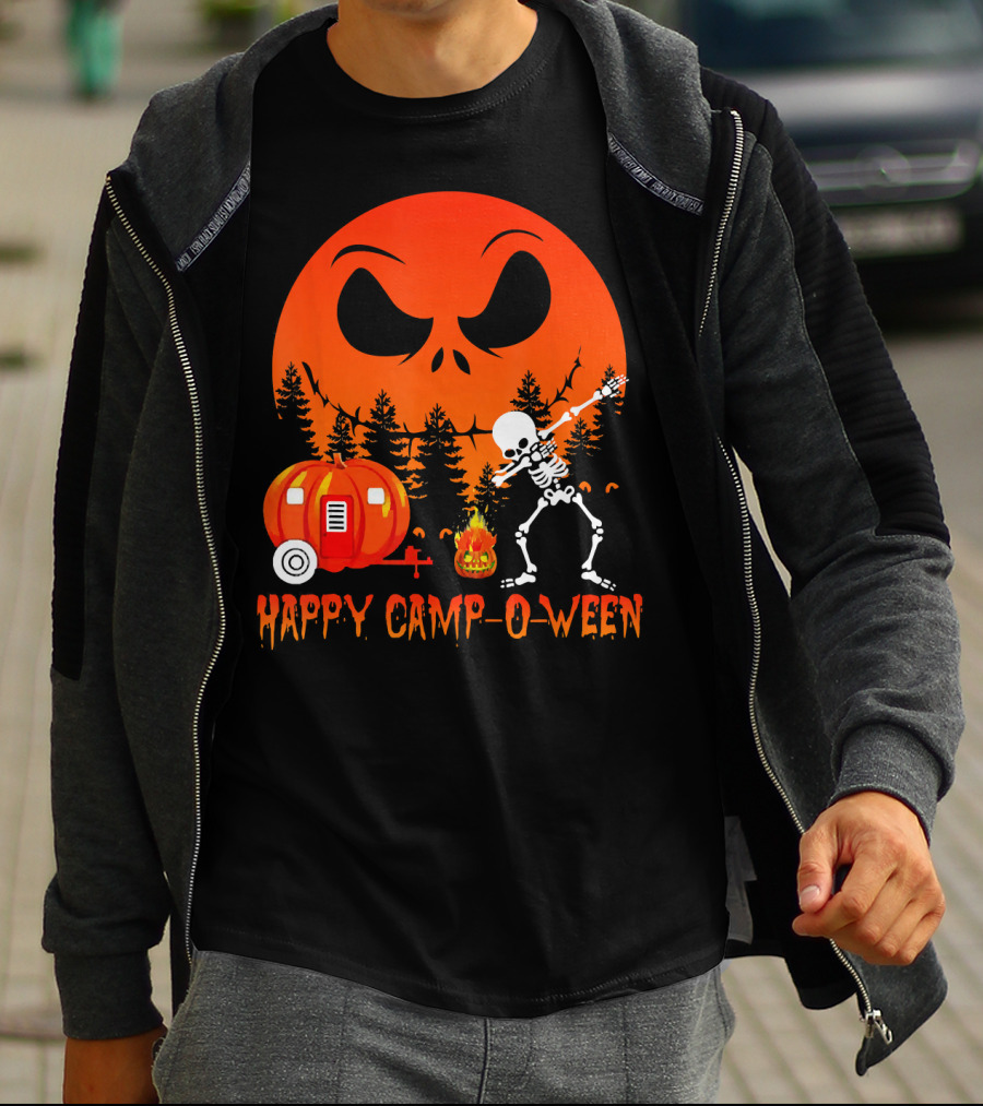 Happy Camp-O-Ween Skeleton Dab Pumpkin Camper Spooky Forest Scene T-Shirt