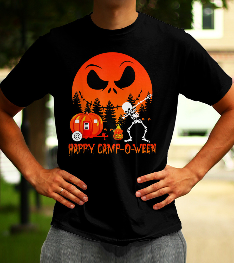 Happy Camp-O-Ween Skeleton Dab Pumpkin Camper Spooky Forest Scene T-Shirt