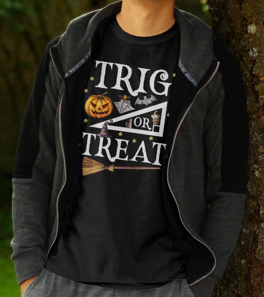 Trig Or Treat Halloween Math Teach Pumpkin Bat Witch Hat Broom T-Shirt