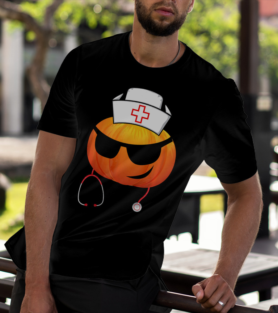 Smiling Pumpkin Nurse Emoji With Stethoscope Halloween T-Shirt