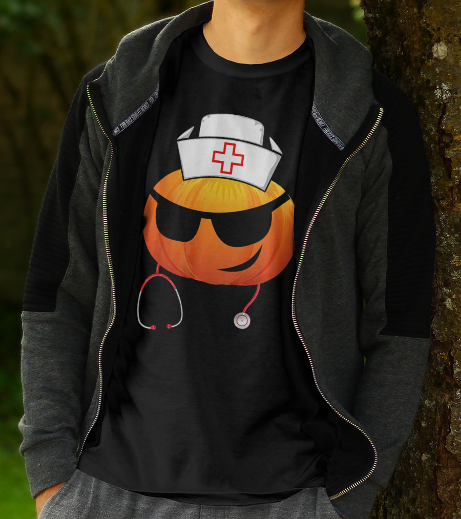 Smiling Pumpkin Nurse Emoji With Stethoscope Halloween T-Shirt