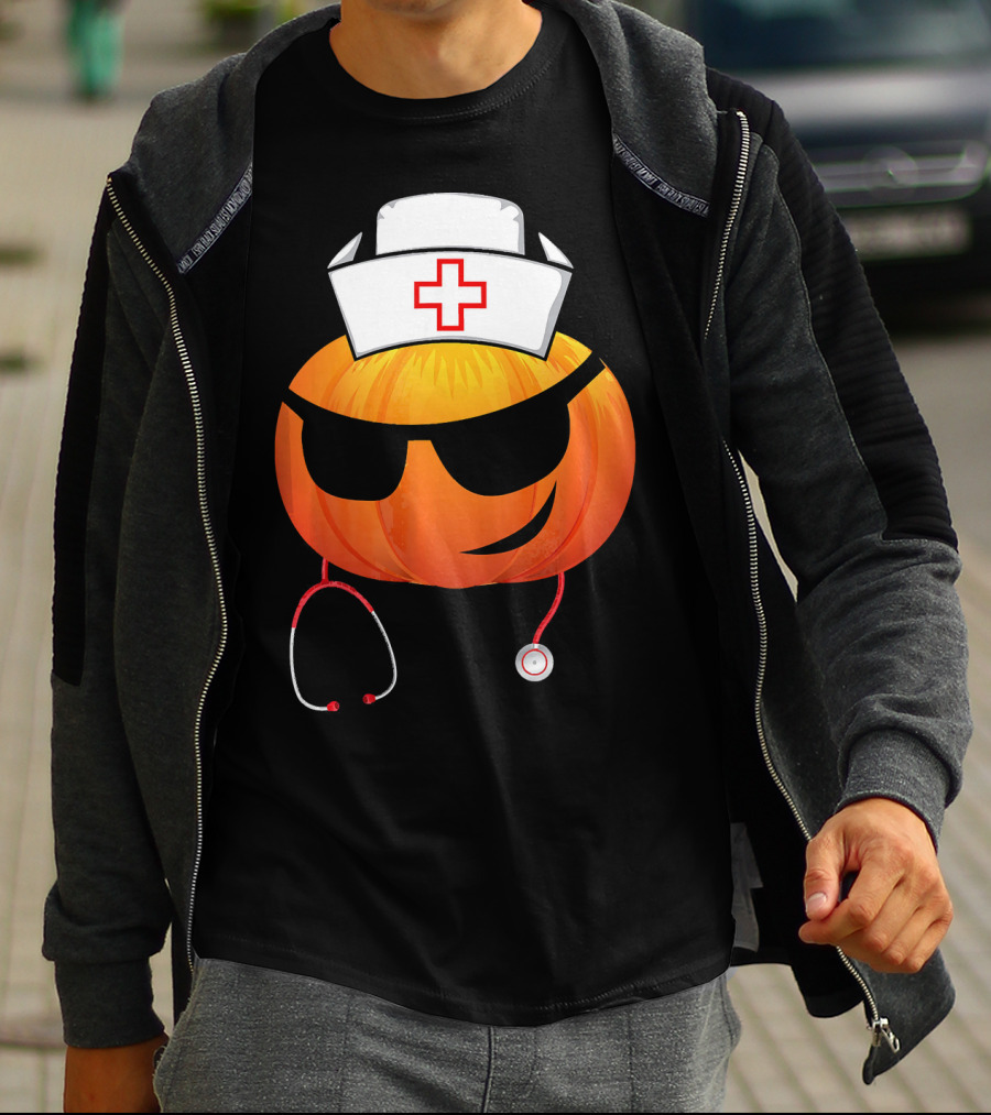 Smiling Pumpkin Nurse Emoji With Stethoscope Halloween T-Shirt