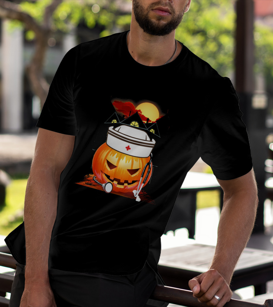 Nurse Pumpkin Halloween With Stethoscope And Haunted House T-Shirt