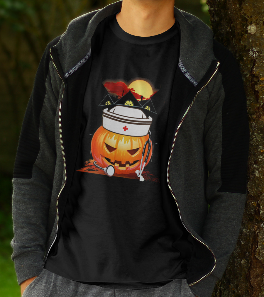 Nurse Pumpkin Halloween With Stethoscope And Haunted House T-Shirt