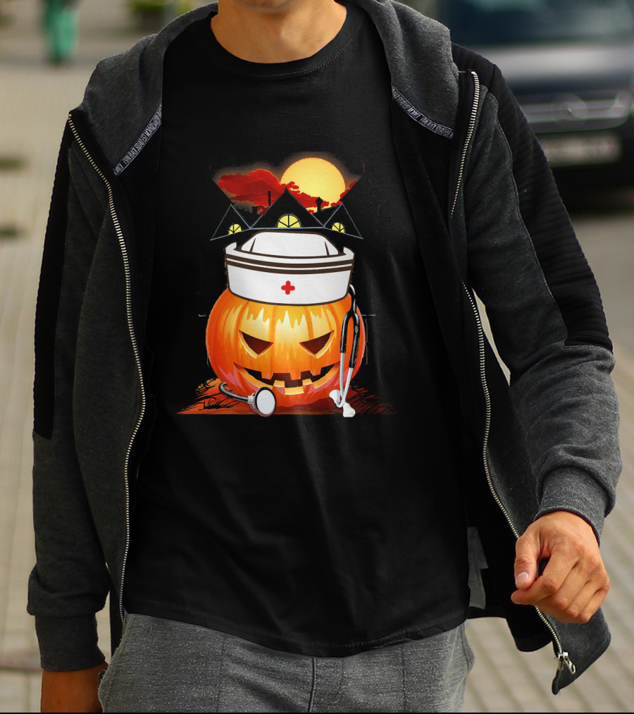 Nurse Pumpkin Halloween With Stethoscope And Haunted House T-Shirt