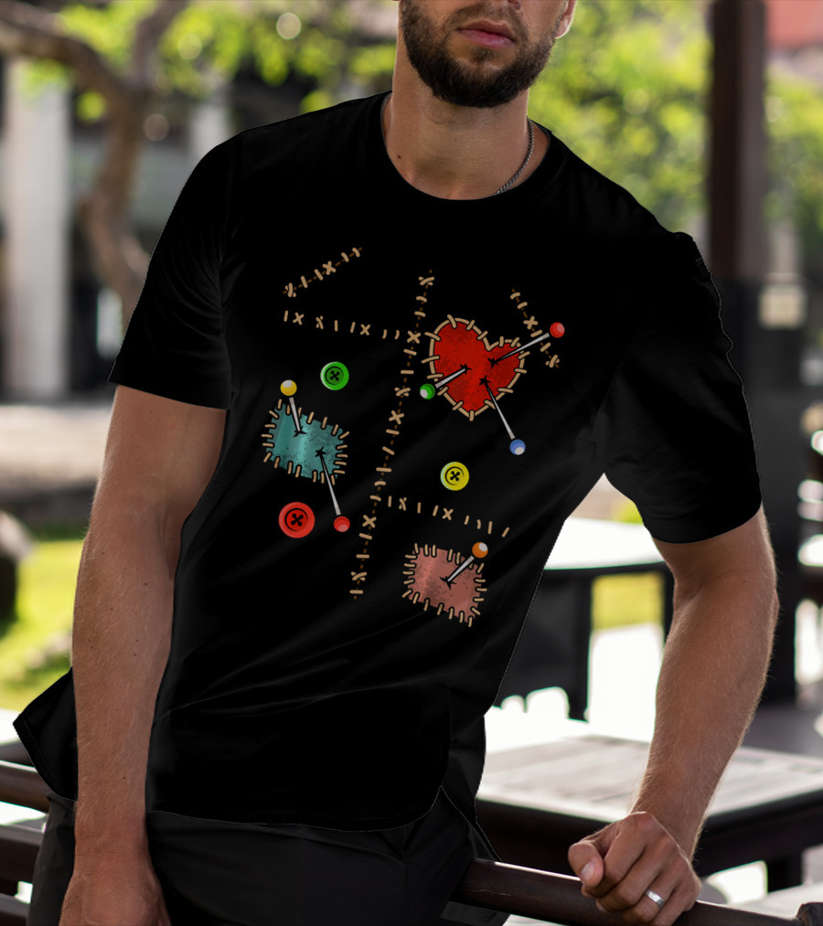 Voodoo Doll Halloween Costume With Heart And Button Patches T-Shirt