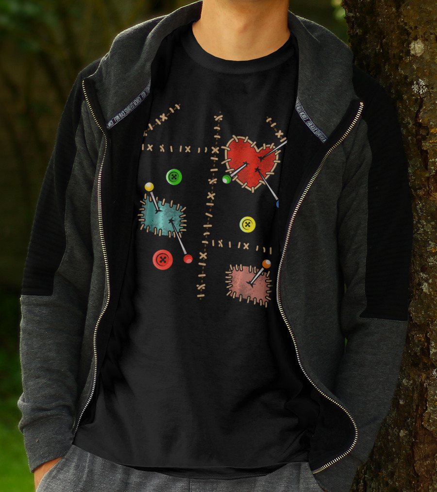 Voodoo Doll Halloween Costume With Heart And Button Patches T-Shirt