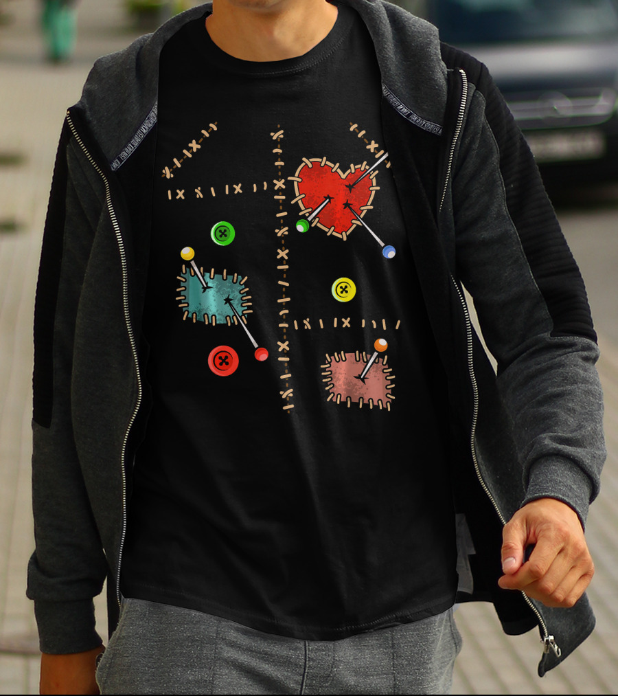 Voodoo Doll Halloween Costume With Heart And Button Patches T-Shirt