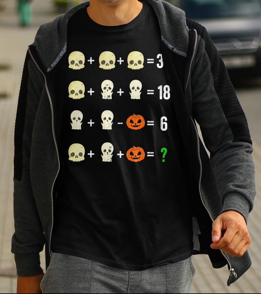 Math Puzzle Halloween Skulls And Pumpkins Calculation Challenge T-Shirt