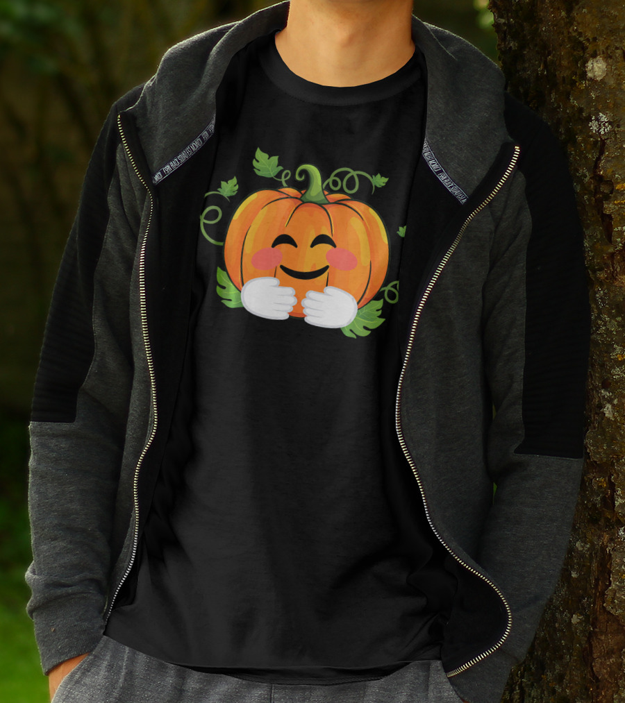 Pumpkin Emoji Big Hugs Smiling Face With Leaves And Vines T-Shirt
