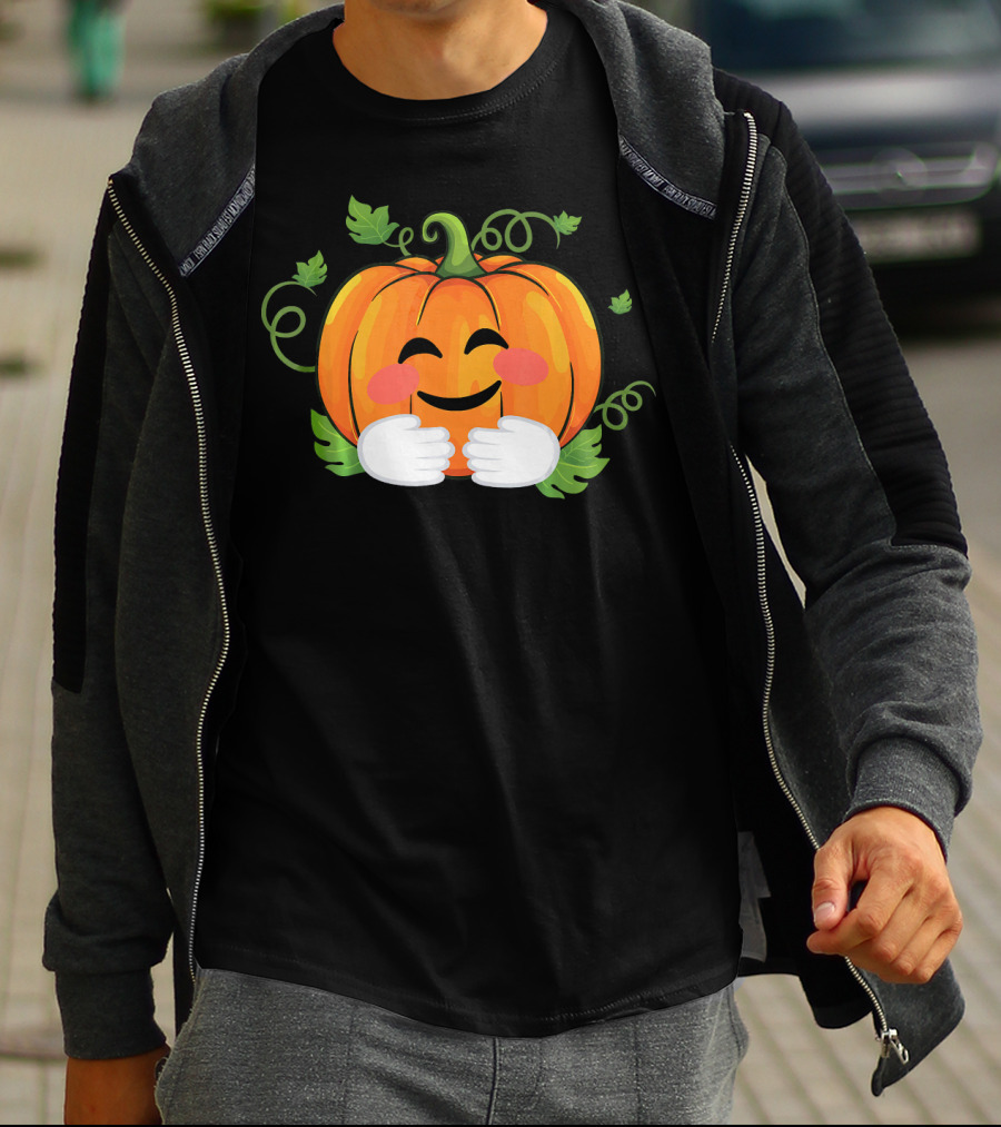 Pumpkin Emoji Big Hugs Smiling Face With Leaves And Vines T-Shirt