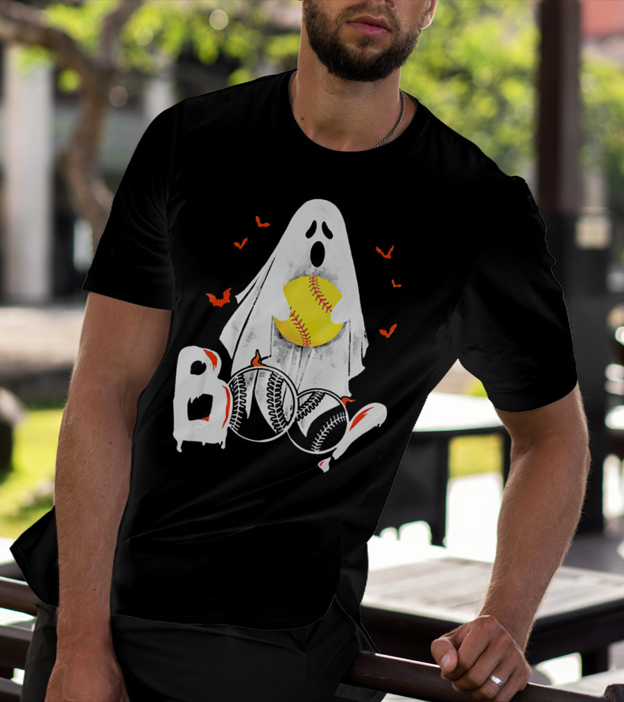 Ghostly Boo Softball With Yellow Softball And Bats T-Shirt