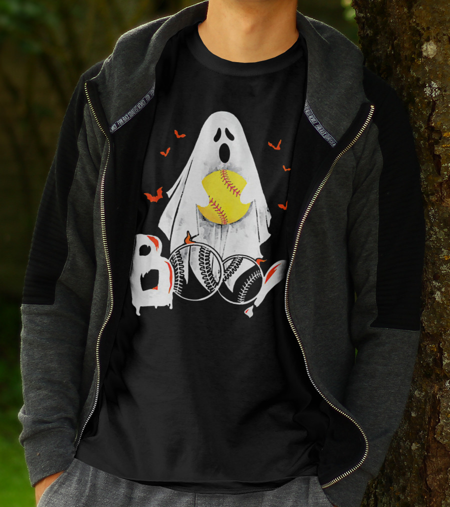 Ghostly Boo Softball With Yellow Softball And Bats T-Shirt