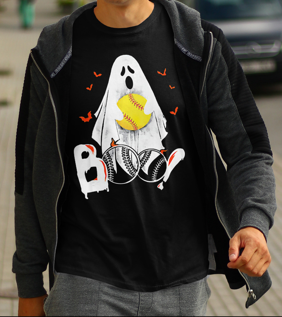 Ghostly Boo Softball With Yellow Softball And Bats T-Shirt