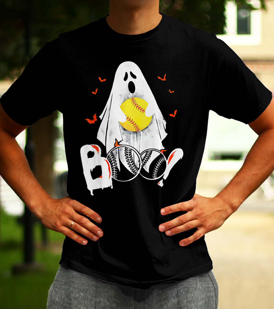 Ghostly Boo Softball With Yellow Softball And Bats T-Shirt