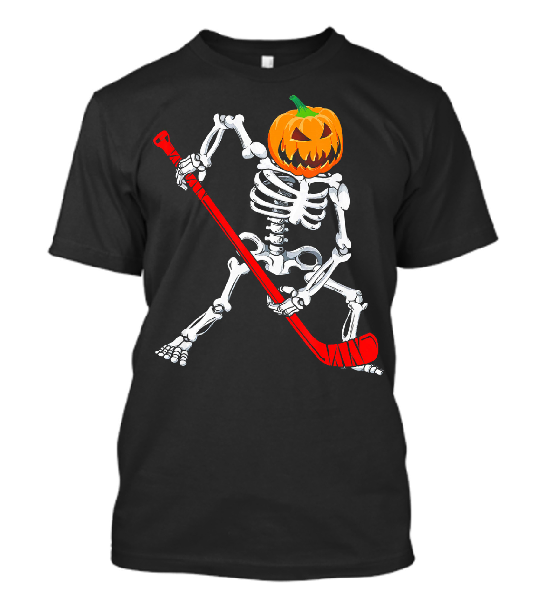 Halloween Skeleton With Pumpkin Head Playing Hockey T-Shirt