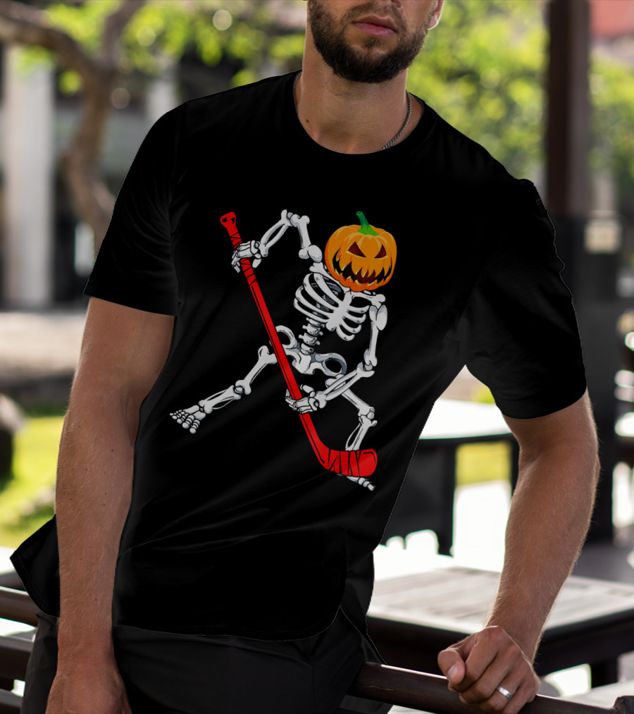 Halloween Skeleton With Pumpkin Head Playing Hockey T-Shirt