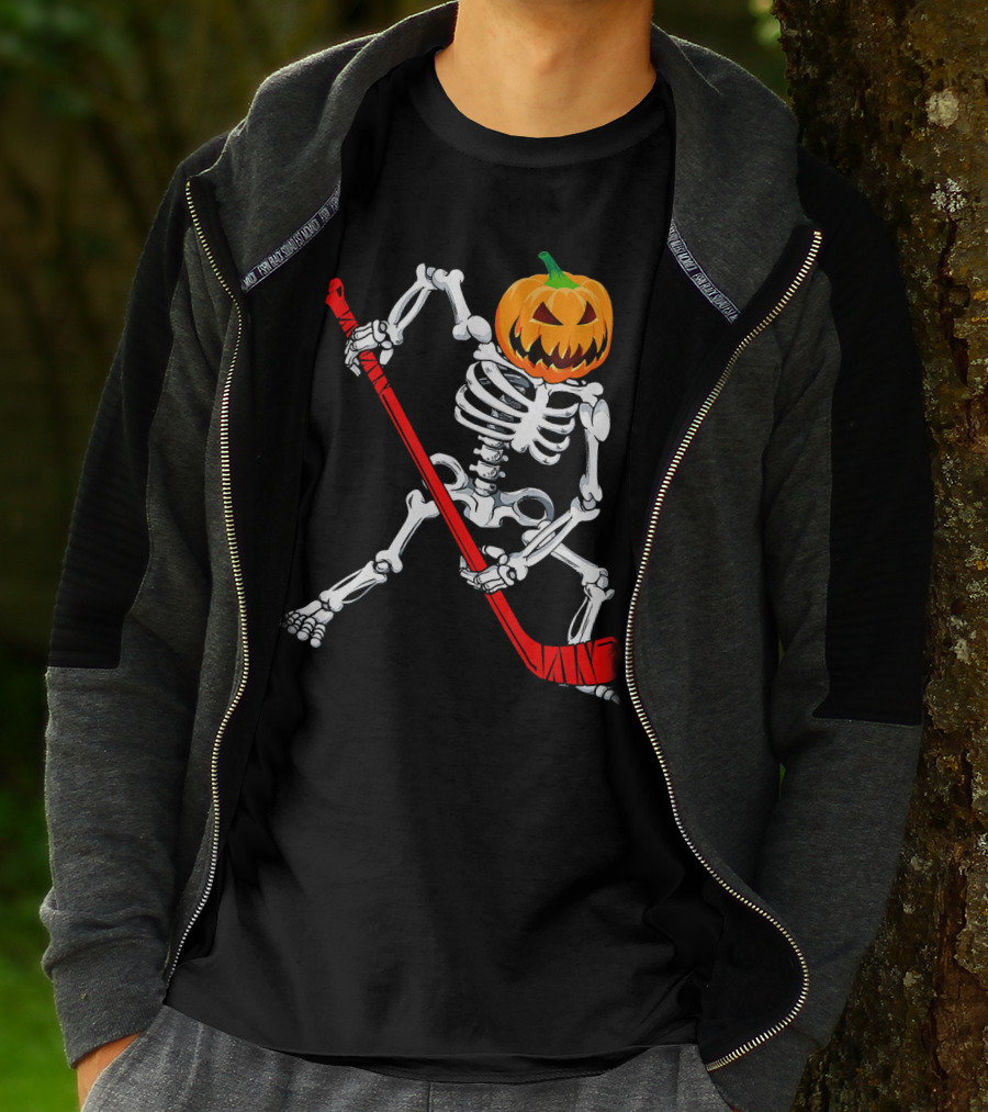 Halloween Skeleton With Pumpkin Head Playing Hockey T-Shirt
