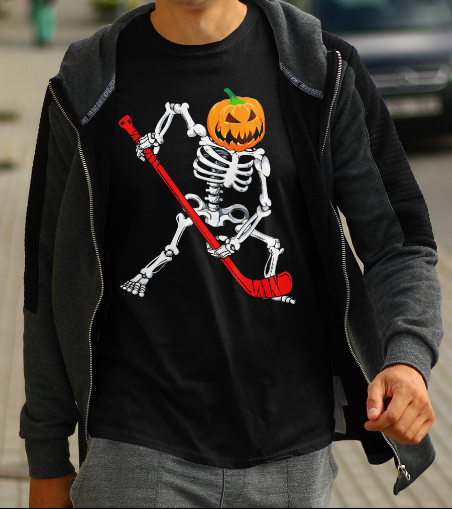 Halloween Skeleton With Pumpkin Head Playing Hockey T-Shirt