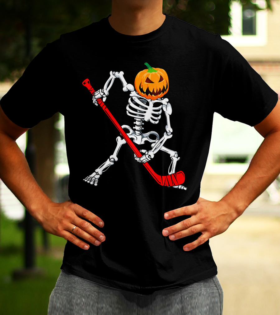Halloween Skeleton With Pumpkin Head Playing Hockey T-Shirt