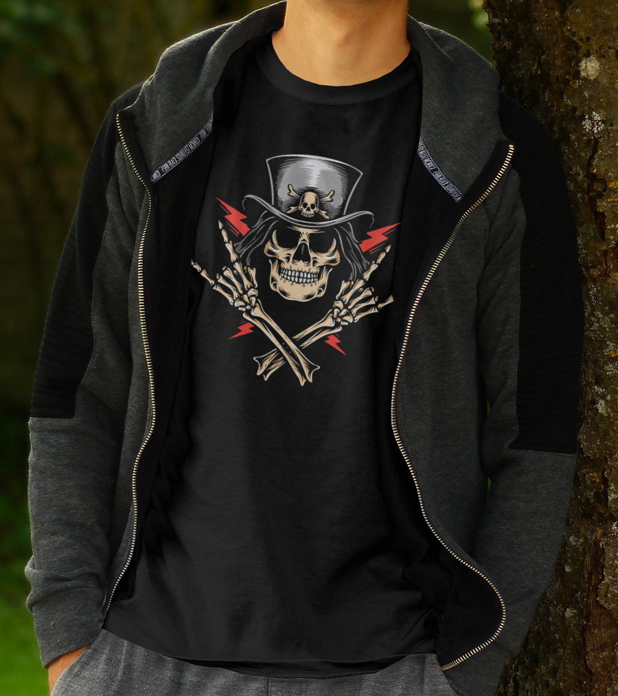 Halloween Skeleton Rocker With Skull Hat And Crossed Bones T-Shirt