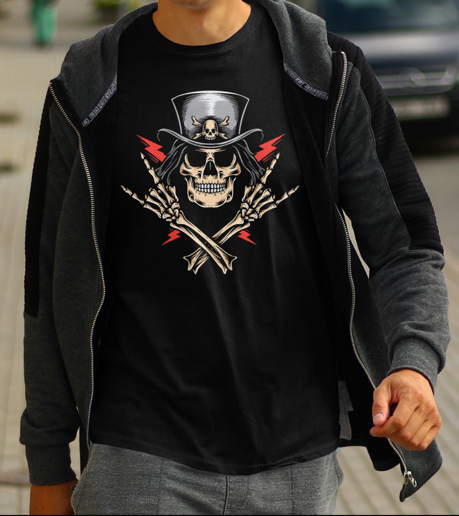 Halloween Skeleton Rocker With Skull Hat And Crossed Bones T-Shirt