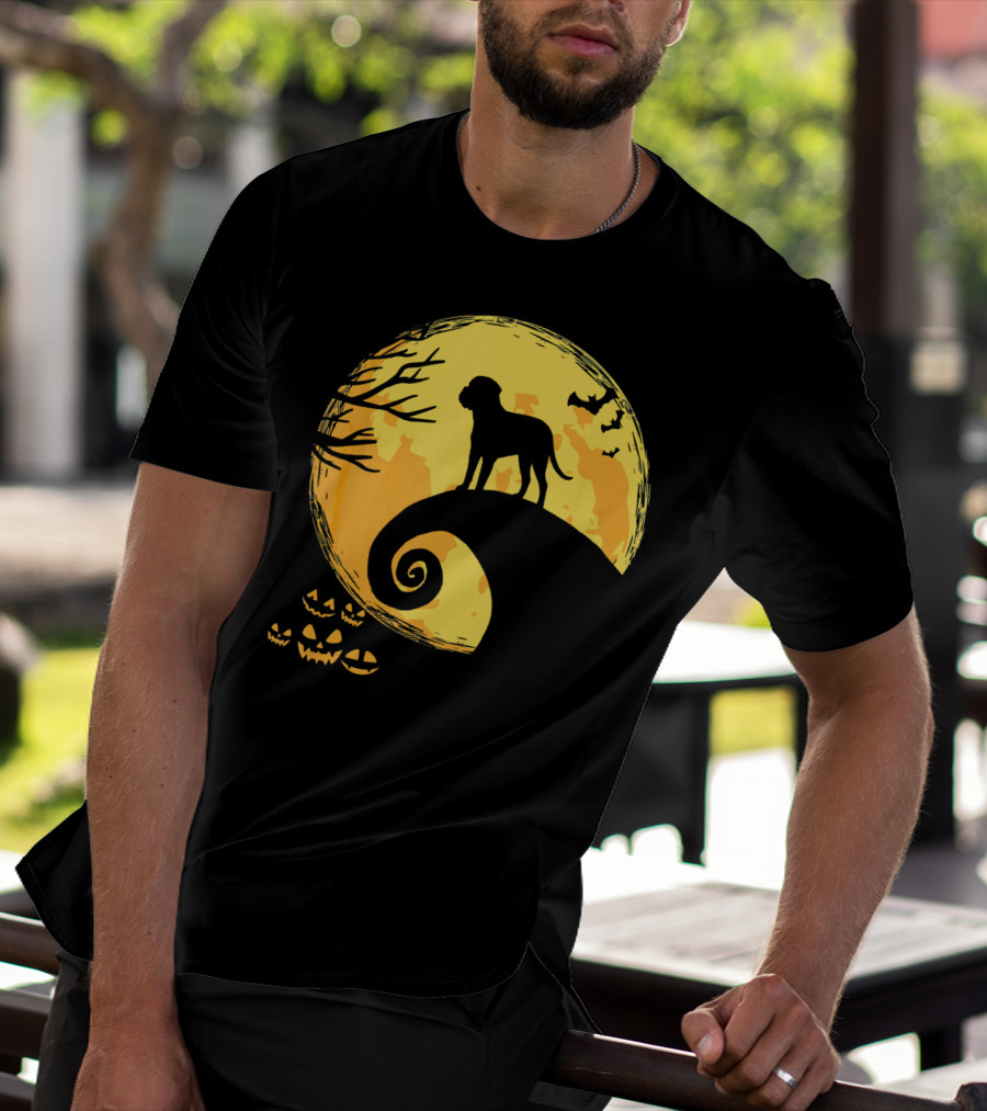Bullmastiff Silhouette Moonlit Halloween Scene With Pumpkins And Bats T-Shirt