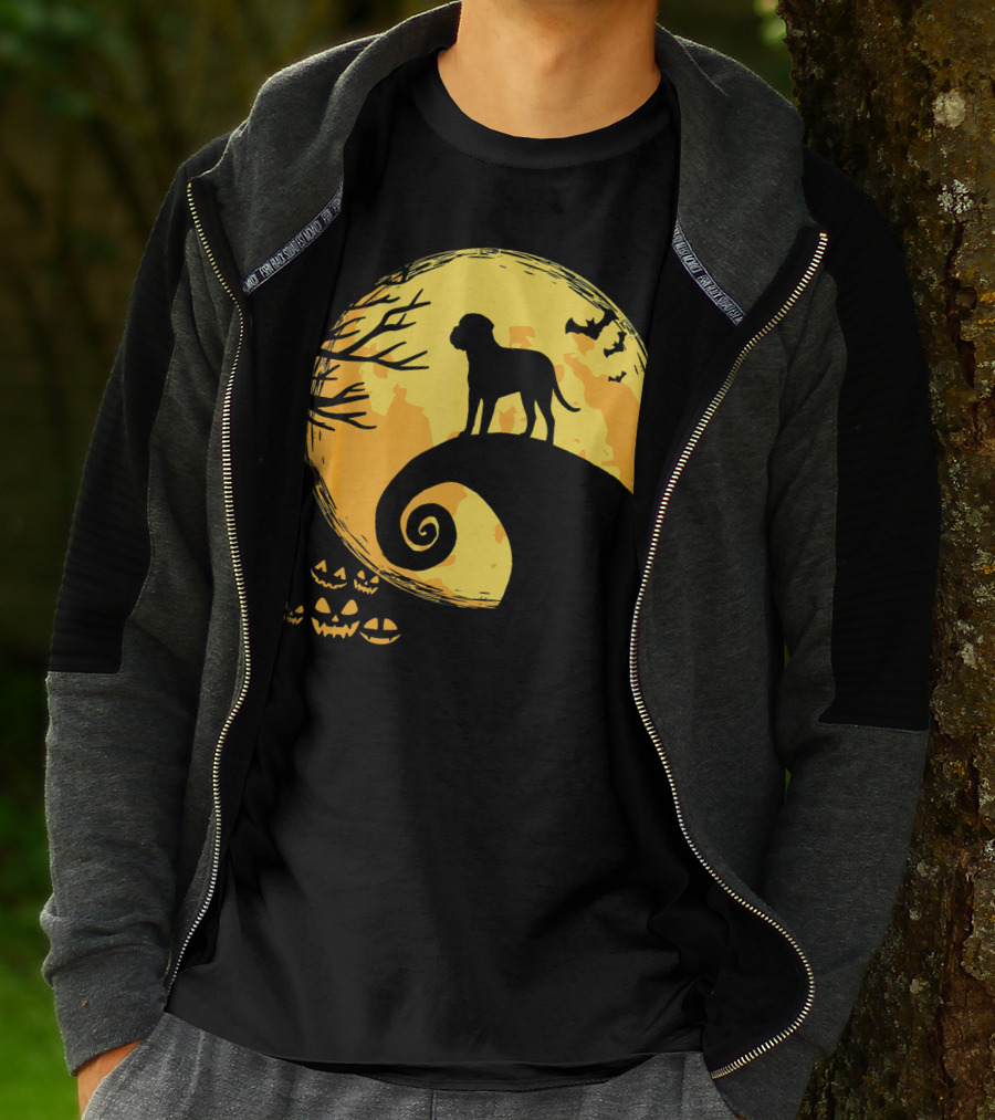Bullmastiff Silhouette Moonlit Halloween Scene With Pumpkins And Bats T-Shirt