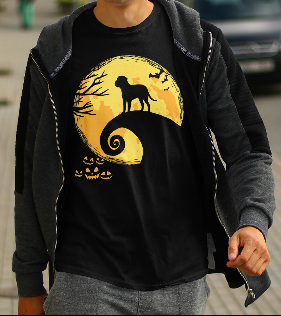 Bullmastiff Silhouette Moonlit Halloween Scene With Pumpkins And Bats T-Shirt