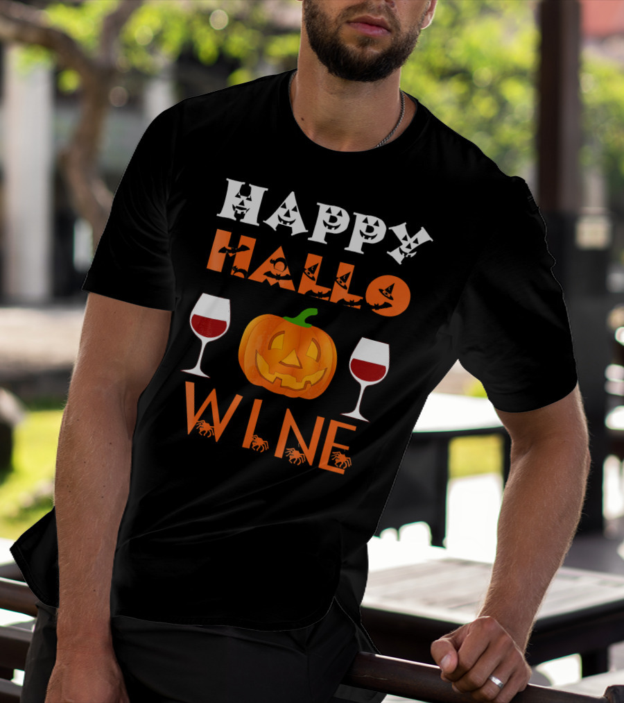 Happy Halloween Pumpkin Wine Glasses Spooky Bats And Spiders T-Shirt