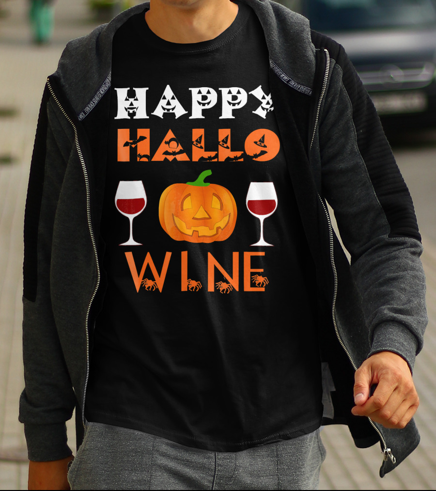 Happy Halloween Pumpkin Wine Glasses Spooky Bats And Spiders T-Shirt
