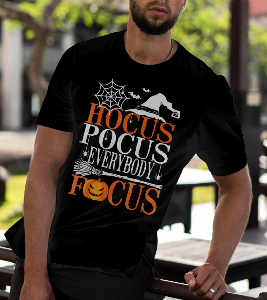 Hocus Pocus Everybody Focus Witch Hat Spider Web Broom Pumpkin T-Shirt