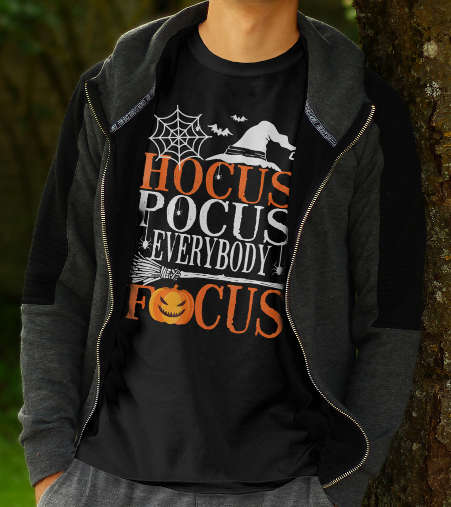 Hocus Pocus Everybody Focus Witch Hat Spider Web Broom Pumpkin T-Shirt