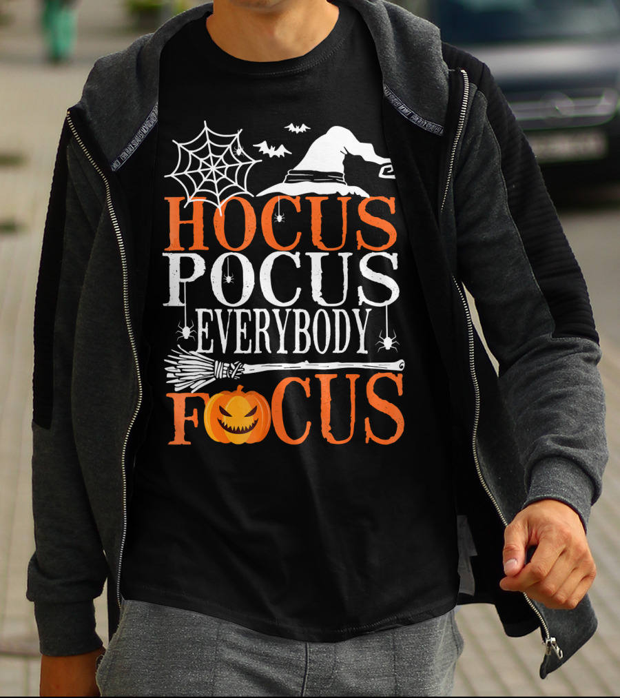 Hocus Pocus Everybody Focus Witch Hat Spider Web Broom Pumpkin T-Shirt