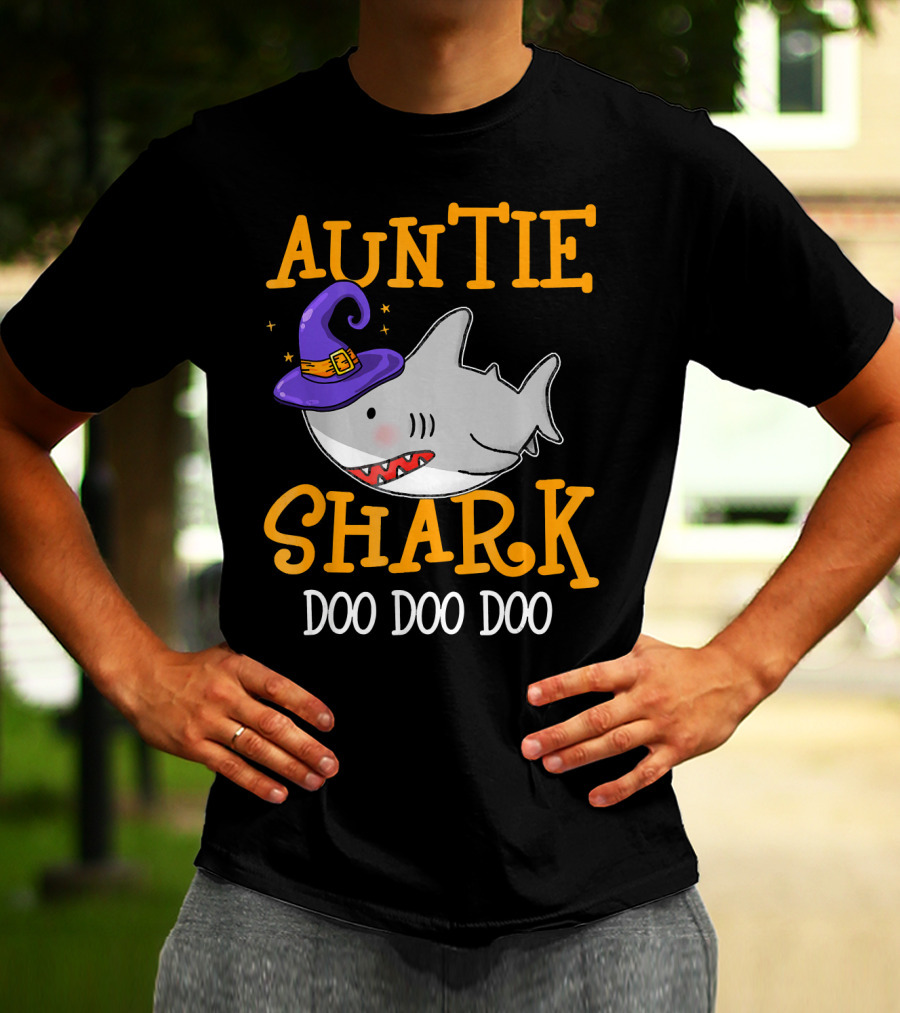 Auntie Shark Doo Doo Doo Funny Halloween With Witch Hat T-Shirt