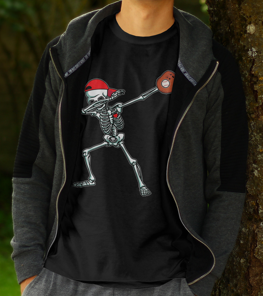 Dabbing Skeleton Baseball Dab Hi Red Cap Glove T-Shirt