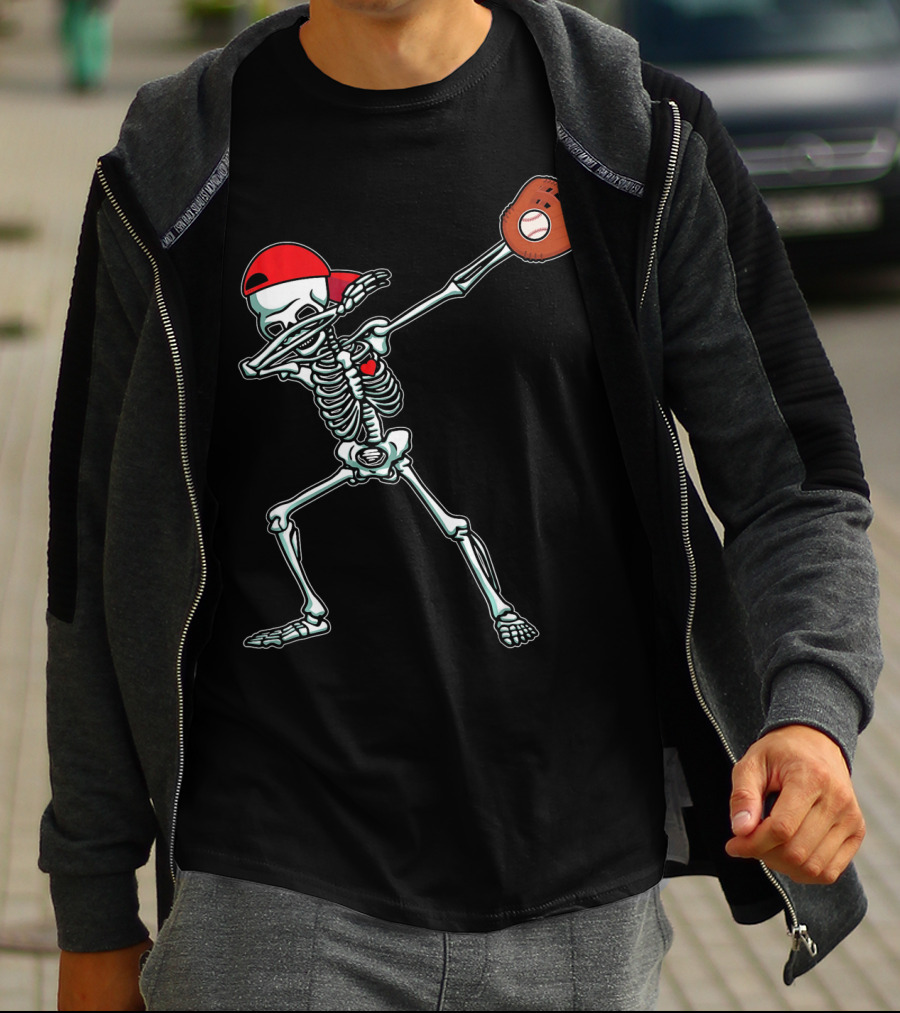 Dabbing Skeleton Baseball Dab Hi Red Cap Glove T-Shirt
